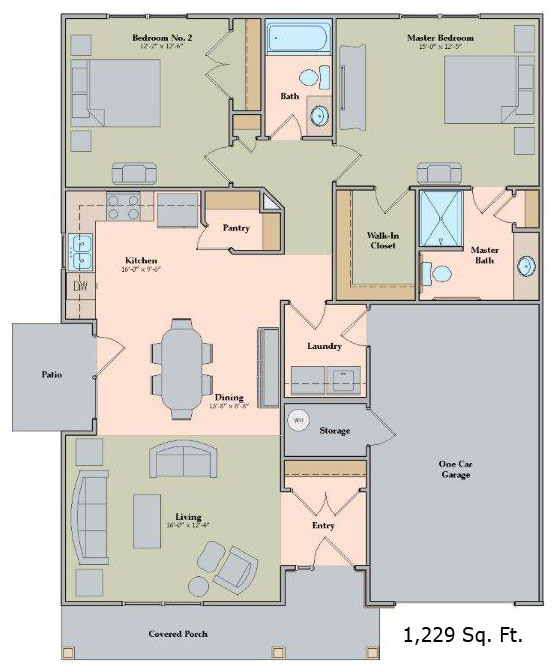 2 Bed 1229 Square Foot Unit Floorplan